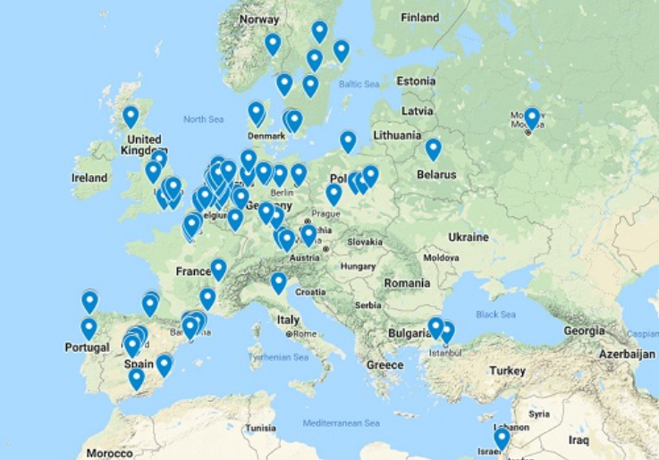 Eurosort locations map in Europe map