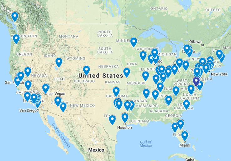 Map of North America showing where EuroSort has installed sorters - depicts dots in Canada, Oregon, California, Arizona, Utah, Nevada, Texas, Oklahoma, Minnesota, Iowa, Kansas, Missouri, Tennessee, Louisiana, Georgia, South Carolina, Florida, North Carolina, Kentucky, Wisconsin, Virginia, Maryland, Pennsylvania, Ohio, Delaware, New Jersey, New York, and Massachusetts map